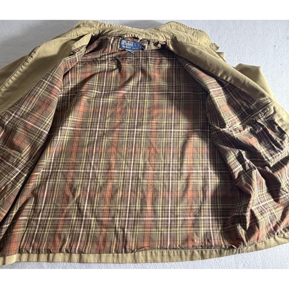 Vintage 90s Polo Ralph Lauren Men's XL Tan Plaid Flannel Lined Harrington Jacket - Picture 5 of 10